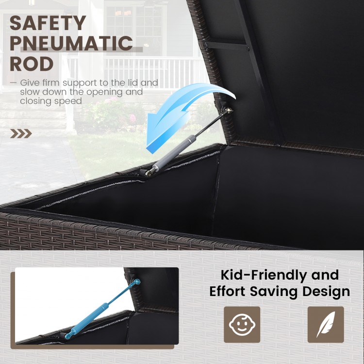 Safety pneumatic rod detail of the outdoor wicker storage box with zippered liner for secure and easy access.