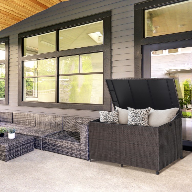 Outdoor wicker storage box with zippered liner, 133-gallon capacity, placed on a patio for convenient storage and.