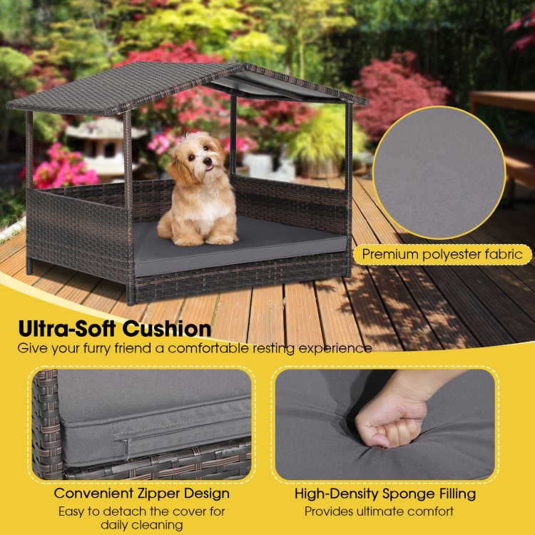 Wicker dog house with weatherproof roof and ultra-soft cushion for outdoor comfort and hygiene, suitable for all dog.