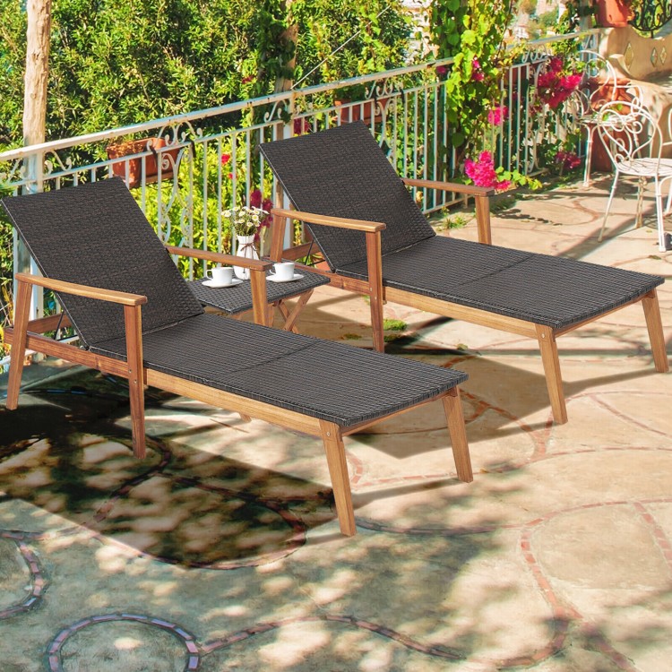 Patio chaise lounge set with adjustable backrest, solid acacia wood frame, and hand-woven PE wicker for outdoor.