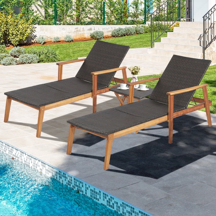 Patio chaise lounge and side table set with acacia wood frame and PE wicker, perfect for poolside relaxation.