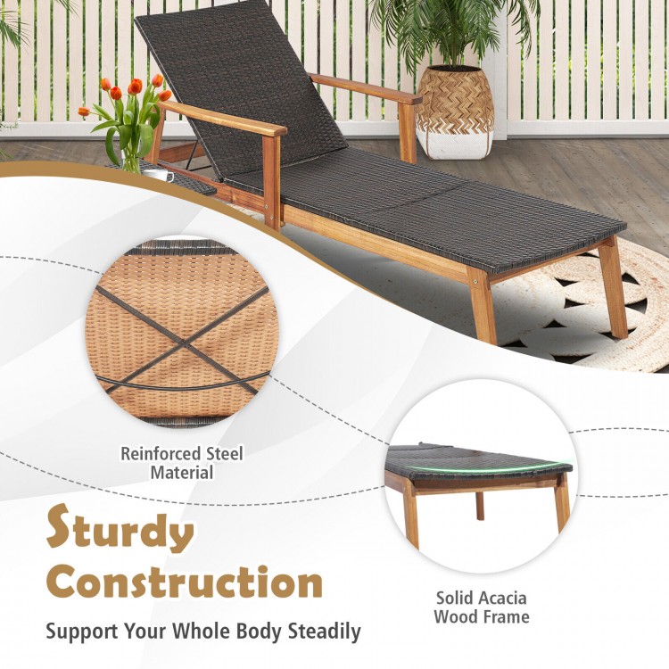 Patio chaise lounge with solid acacia wood frame and adjustable backrest, perfect for poolside relaxation.