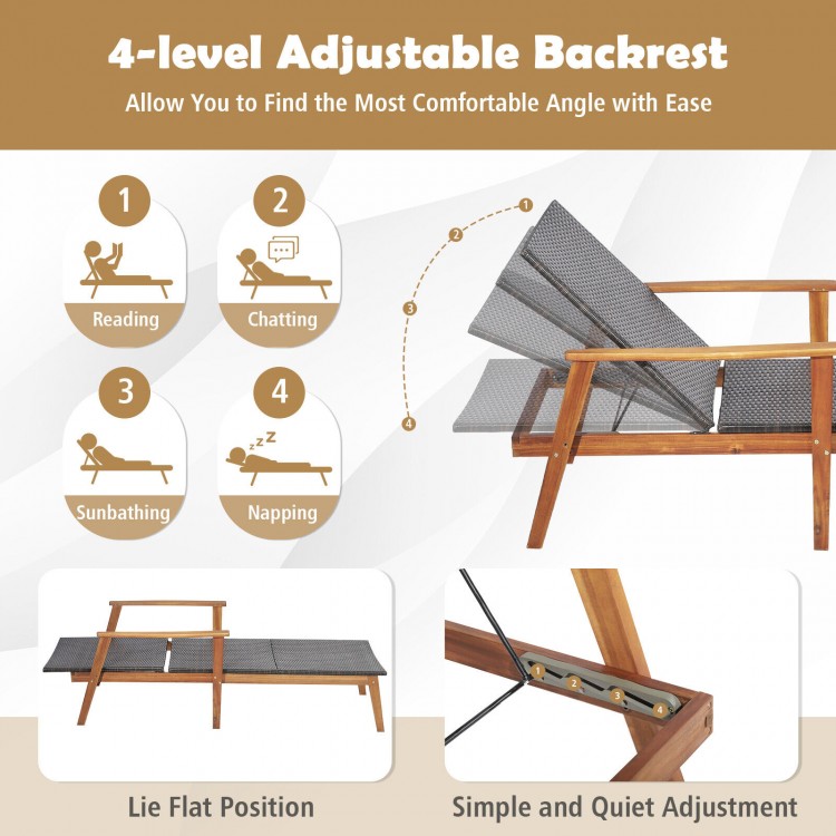 Patio chaise lounge set with 4-level adjustable backrest, solid acacia wood, ideal for poolside relaxation.