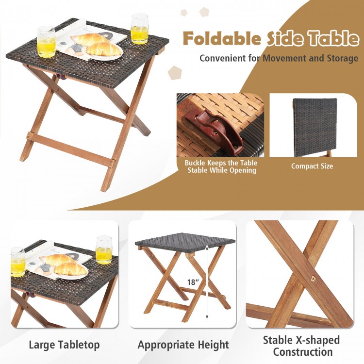 Foldable side table with solid acacia wood frame and PE wicker, perfect for patio or poolside relaxation.