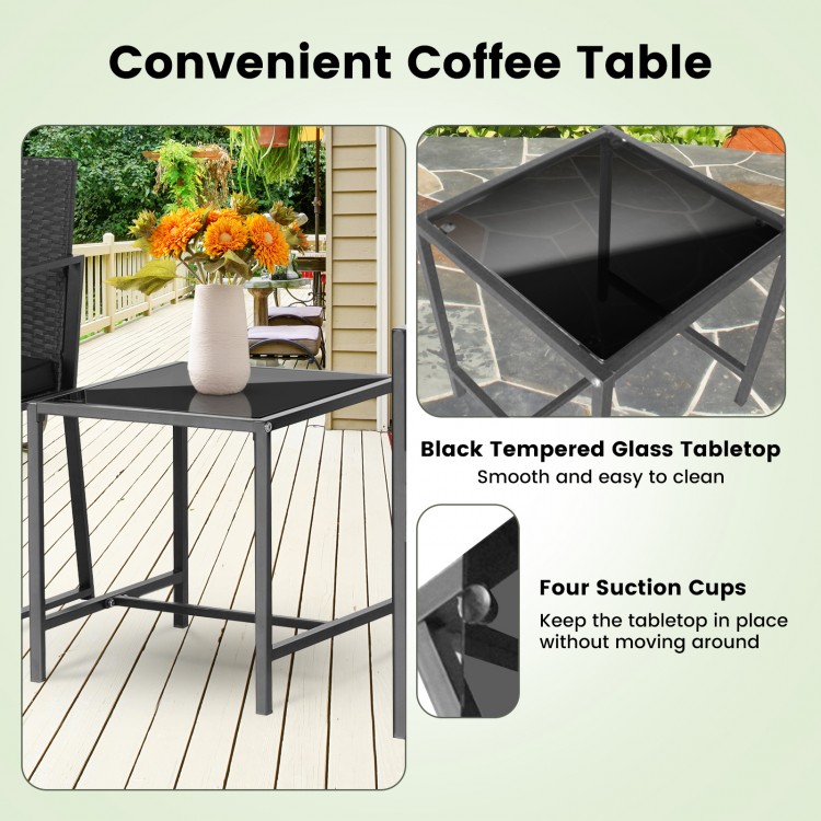 Square coffee table with black tempered glass top and four suction cups, ideal for outdoor patios and small spaces.