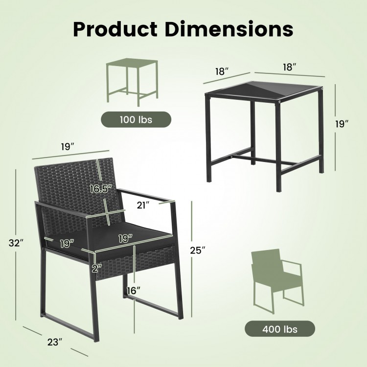 Detailed product dimensions for the 3 Pieces Modern Heavy Duty Patio Furniture Set with Coffee Table in black.