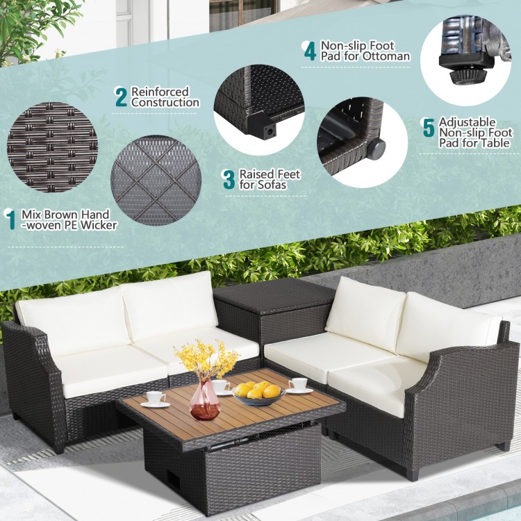 Ottoman with soft white cushion in hand-woven PE wicker, designed for comfort and relaxation in outdoor settings.