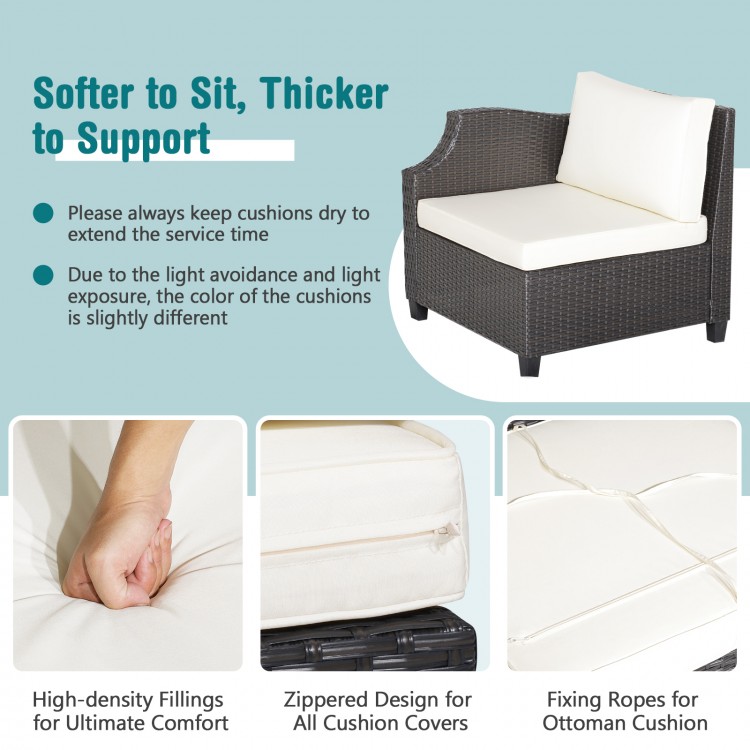 Single corner chair with soft white cushion and hand-woven PE wicker, perfect for outdoor relaxation.
