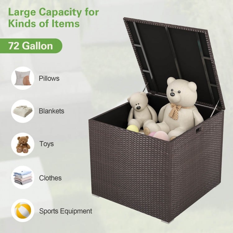 72-gallon rattan outdoor storage box with zippered liner, ideal for organizing pillows, blankets, and toys on the patio.