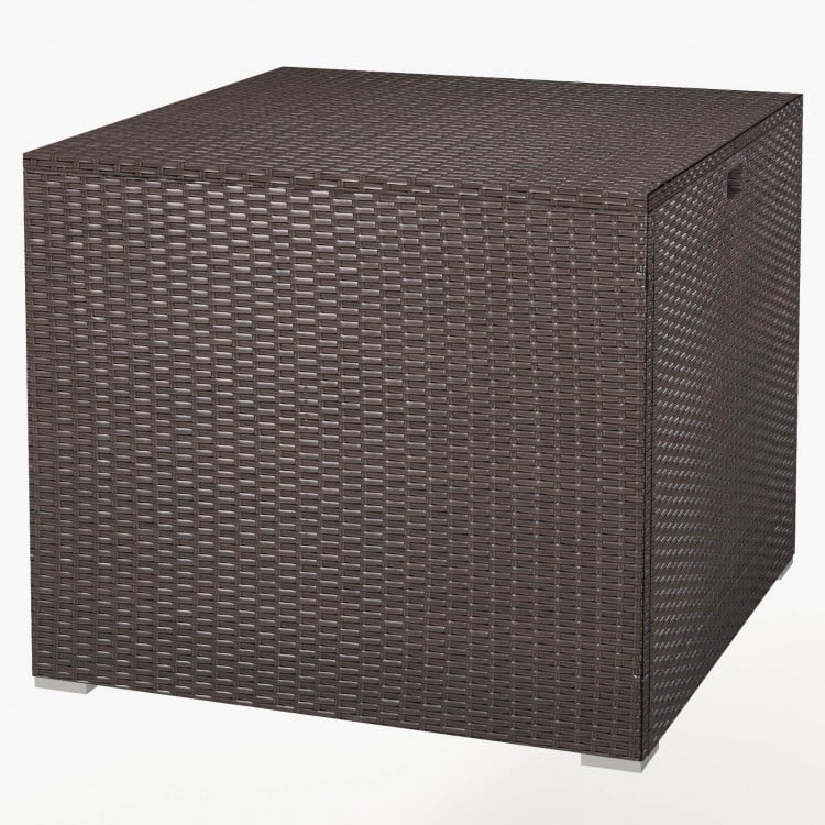 Square 72-gallon outdoor storage box in brown PE rattan with zippered liner, ideal for patio or poolside use.