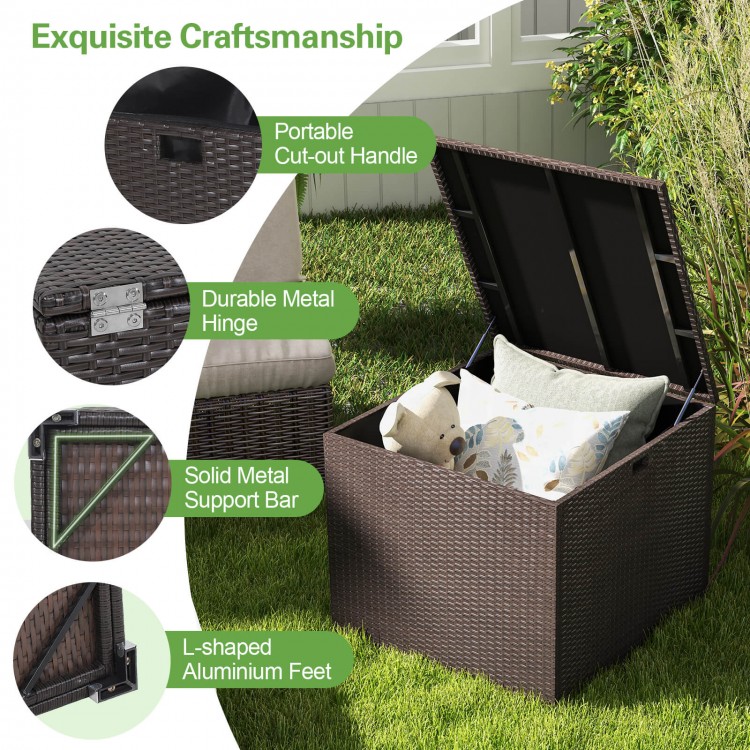 Rattan outdoor storage box with lid open, showcasing 72-gallon capacity and durable metal hinge for backyard use.