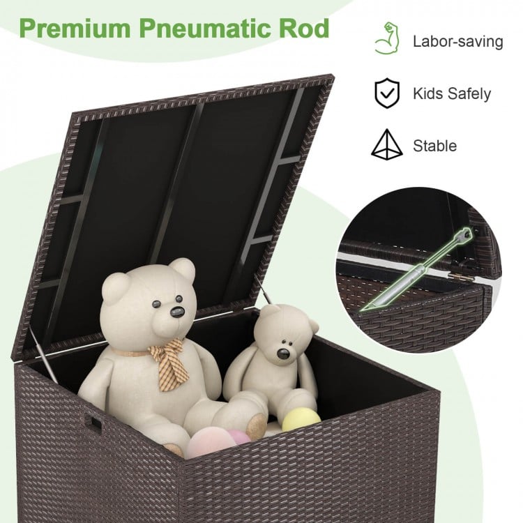 72-gallon rattan outdoor storage box with sturdy pneumatic rod, featuring a zippered liner, ideal for backyard use.