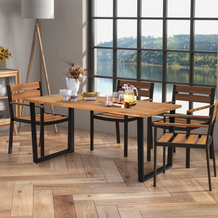 Rectangular 6-person acacia wood dining table with a 2-inch umbrella hole, featuring a sturdy metal frame for indoor.