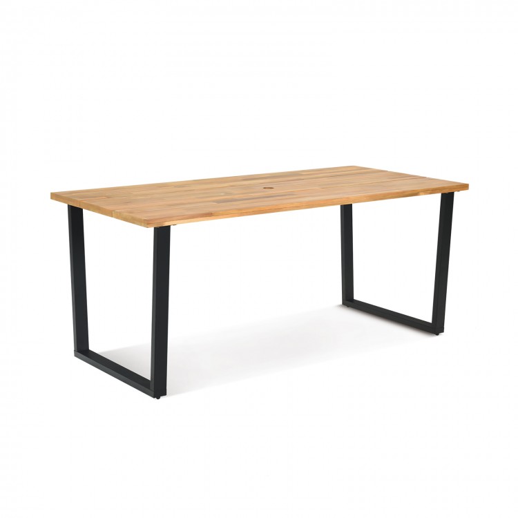 Rectangular 6-person outdoor dining table made of acacia wood with a sturdy metal frame and 2-inch umbrella hole.