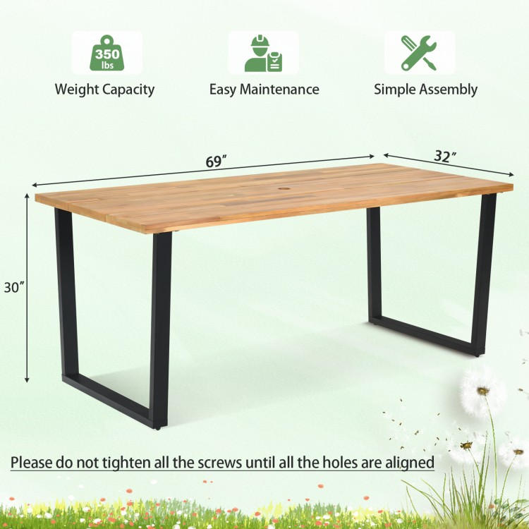 Acacia wood outdoor dining table with a 2-inch umbrella hole, 69" x 32", sturdy metal frame for 6 people.