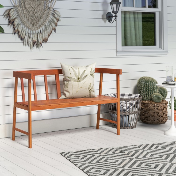 Eucalyptus wood bench with backrest and armrests, perfect for patio seating and designed for two people.