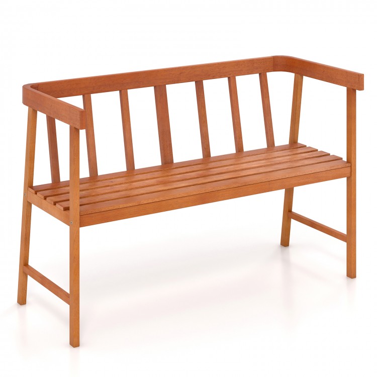 Eucalyptus wood bench with backrest and armrests, sturdy design for outdoor use, ideal for patio or garden seating.