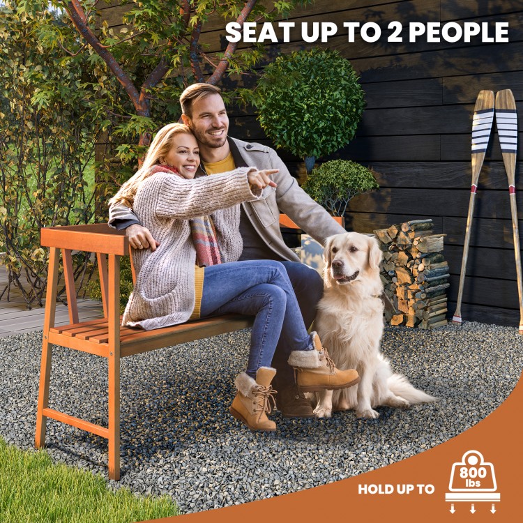 Outdoor eucalyptus wood bench with backrest and armrests, seating up to 2 people, ideal for patio or garden use.