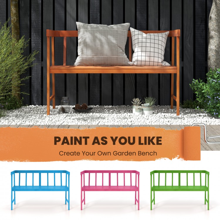 Outdoor eucalyptus wood bench with backrest and armrests, ideal for DIY painting in garden or patio settings.