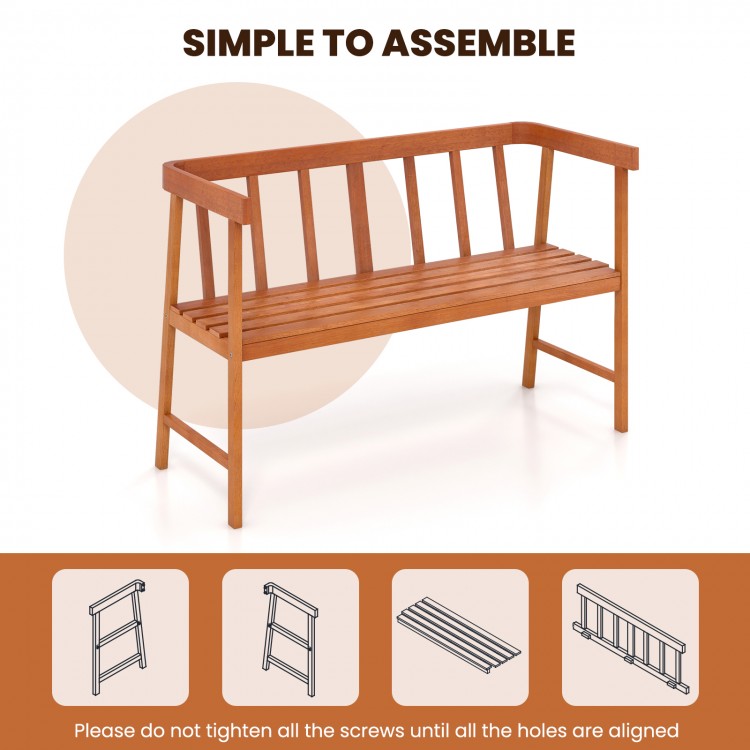 Outdoor eucalyptus wood bench with backrest and armrests, featuring slatted design for breathability, ideal for patio.