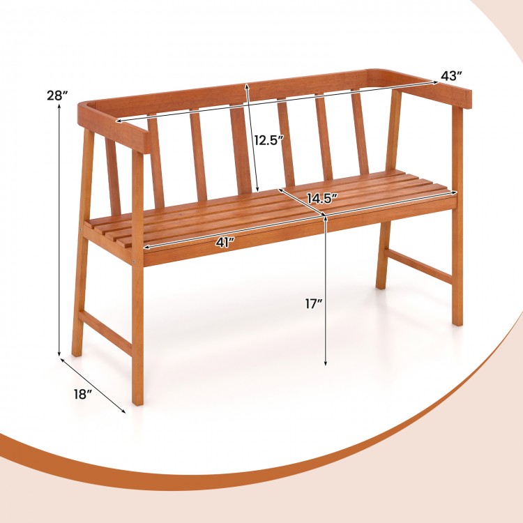 Eucalyptus wood bench with backrest and armrests, 800 lbs capacity, ideal for patio or garden seating.