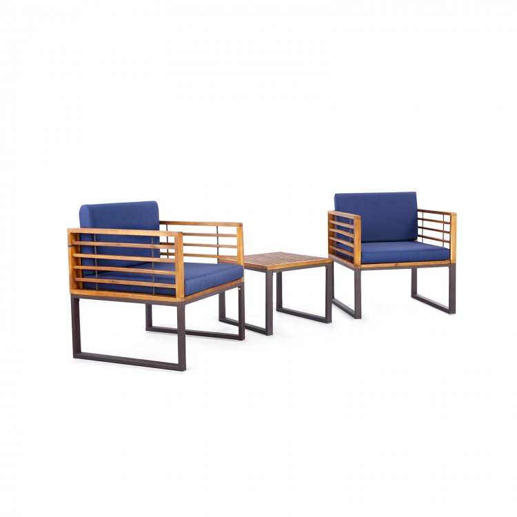 Two cushioned armchairs and a coffee table in acacia wood, perfect for outdoor patio conversation.