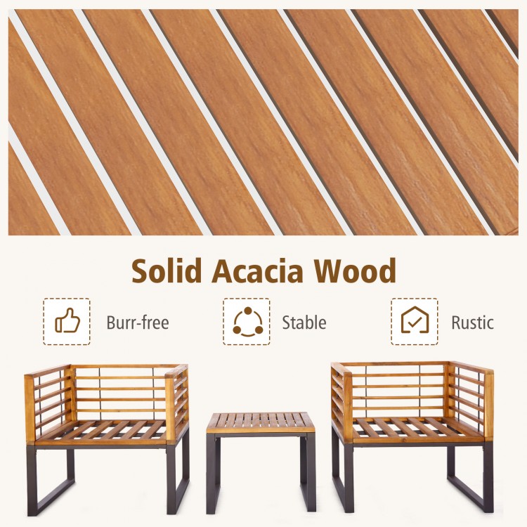 Close-up of solid acacia wood texture in a 3-piece patio conversation set with cushioned armchairs for outdoor use.