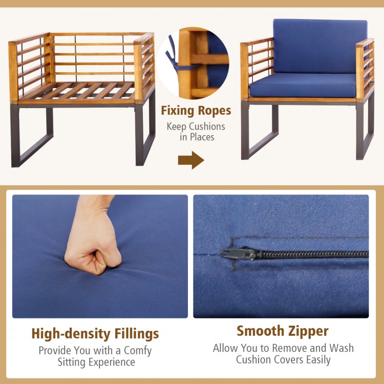 Cushioned armchair from the 3 Pieces Patio Acacia Wood Conversation Set, featuring high-density fillings and a smooth.