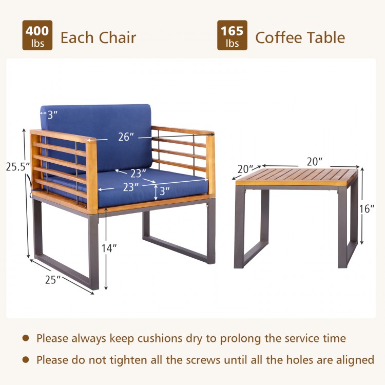 Navy cushioned armchair from the 3 Pieces Patio Acacia Wood Conversation Set with solid acacia wood and metal frame.
