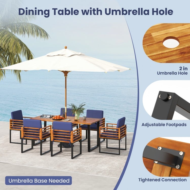 7-piece patio dining set featuring acacia wood table and navy cushions, perfect for backyard and poolside relaxation.