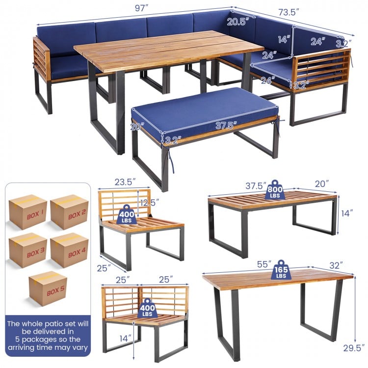 8-piece patio dining set featuring acacia wood table and navy cushions, perfect for backyard or poolside relaxation.