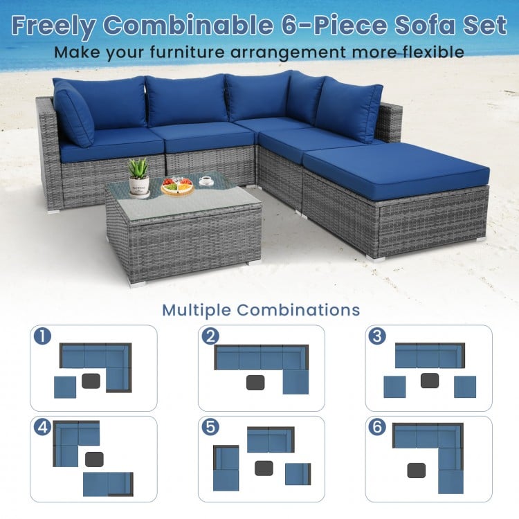 L-shaped 6-piece outdoor rattan sofa set with navy cushions, ideal for flexible arrangements on patio or garden.