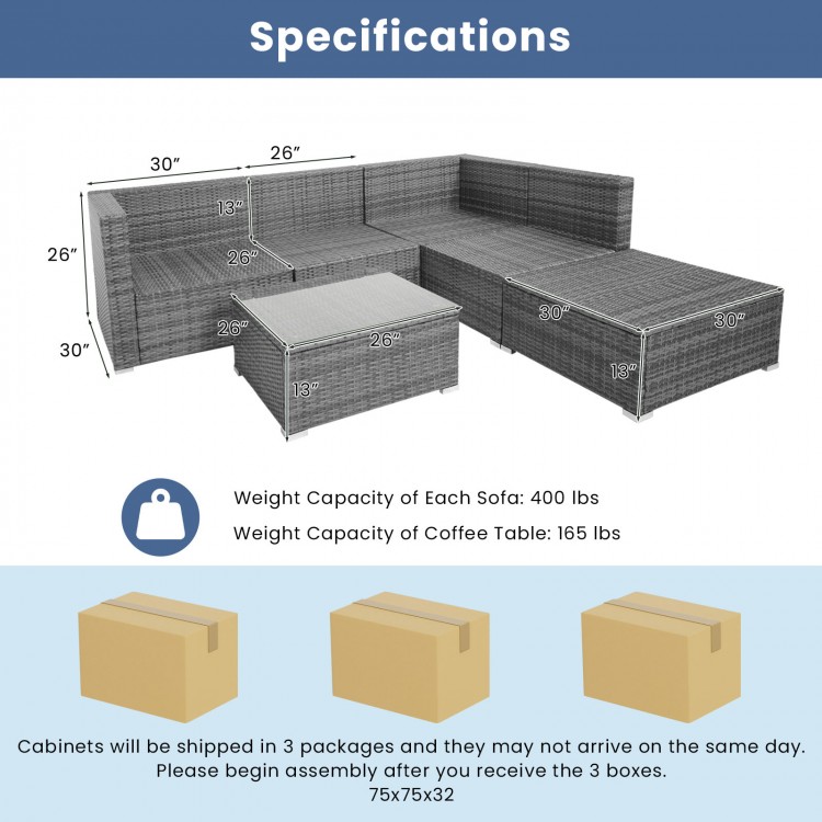 L-shaped 6 pieces outdoor rattan sofa set with navy cushions, featuring a sturdy steel frame and removable glass coffee.