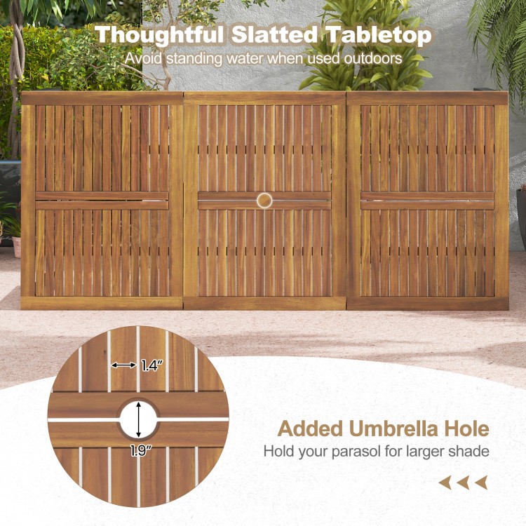 79-inch acacia wood outdoor dining table with slatted design and umbrella hole, perfect for gatherings of 8.