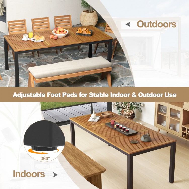 79-inch acacia wood outdoor dining table with umbrella hole, designed for 8, featuring adjustable foot pads for.