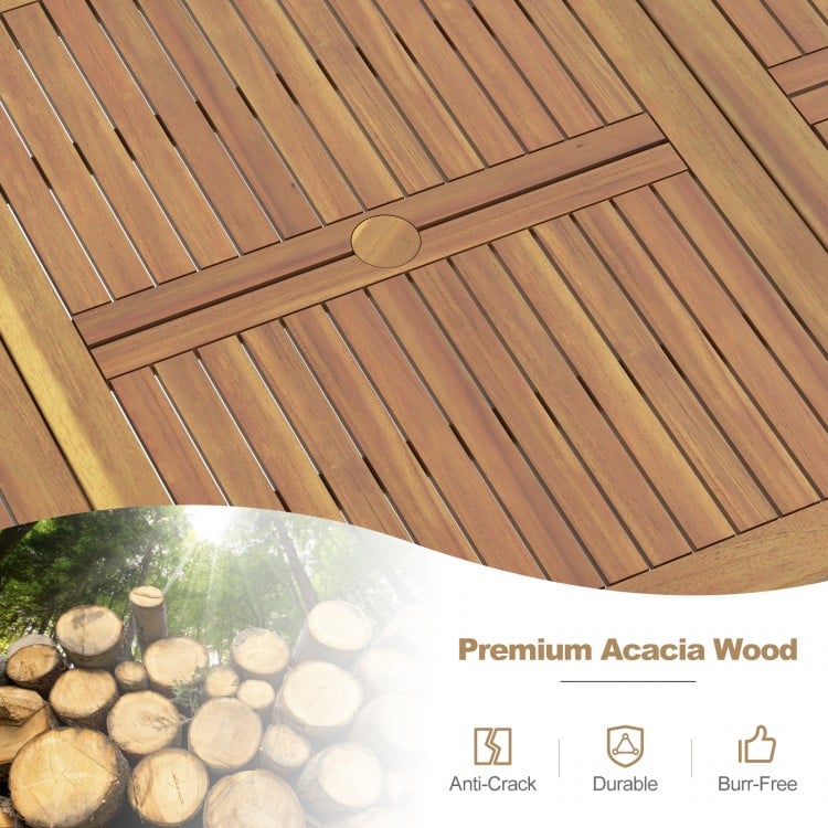 Close-up of the slatted tabletop of the 79" acacia wood outdoor dining table, showcasing its durable, anti-crack design.