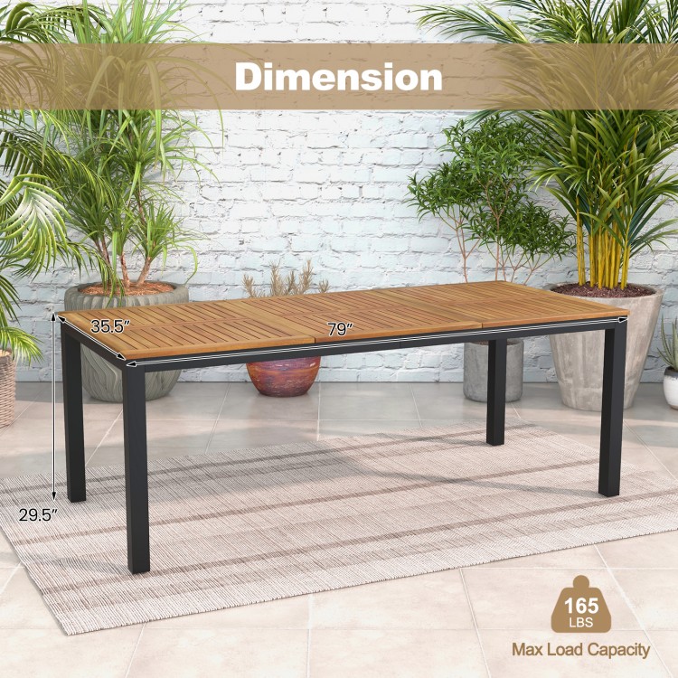 Dimensions of the 79" acacia wood outdoor dining table with umbrella hole, suitable for 8 people, stable and durable.