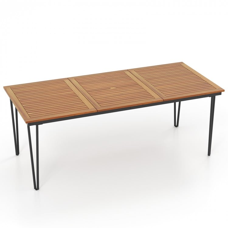 79-inch outdoor dining table with acacia wood slatted top, metal frame, and 1.9-inch umbrella hole for 8 people.