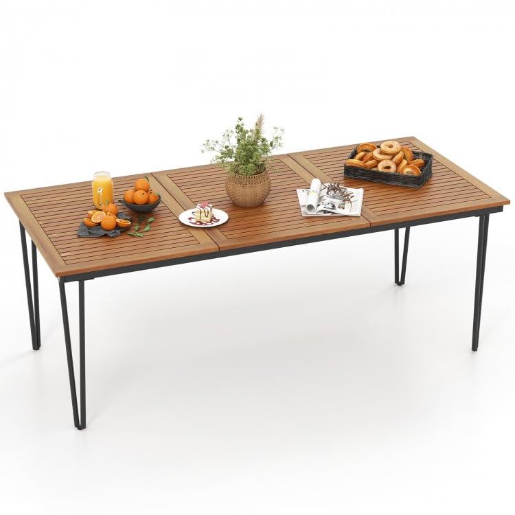 Close-up view of the 79-inch outdoor dining table's slatted acacia wood top, perfect for hosting 8 people outdoors.