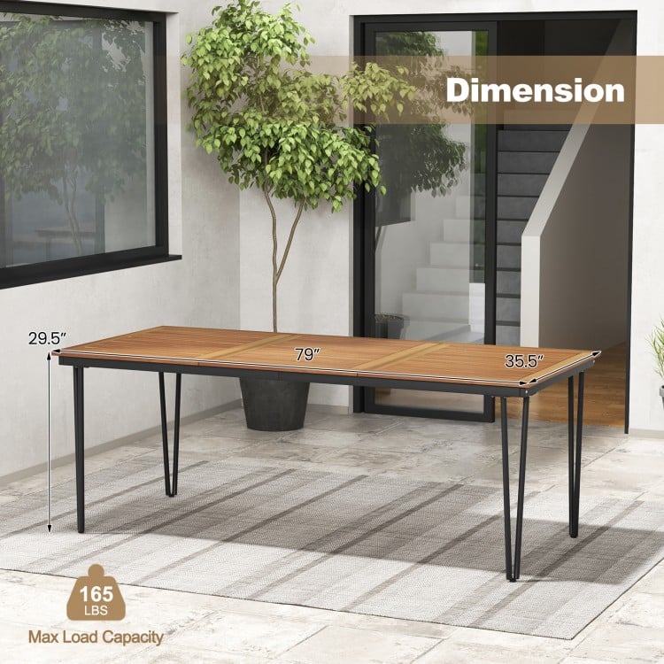 79-inch outdoor dining table with acacia wood top, metal legs, and 1.9-inch umbrella hole for 8-person gatherings.