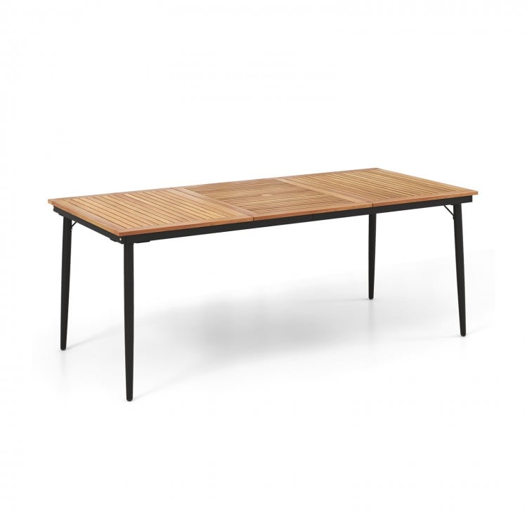 Acacia wood outdoor dining table for 8 with slatted top and umbrella hole, ideal for backyard gatherings.