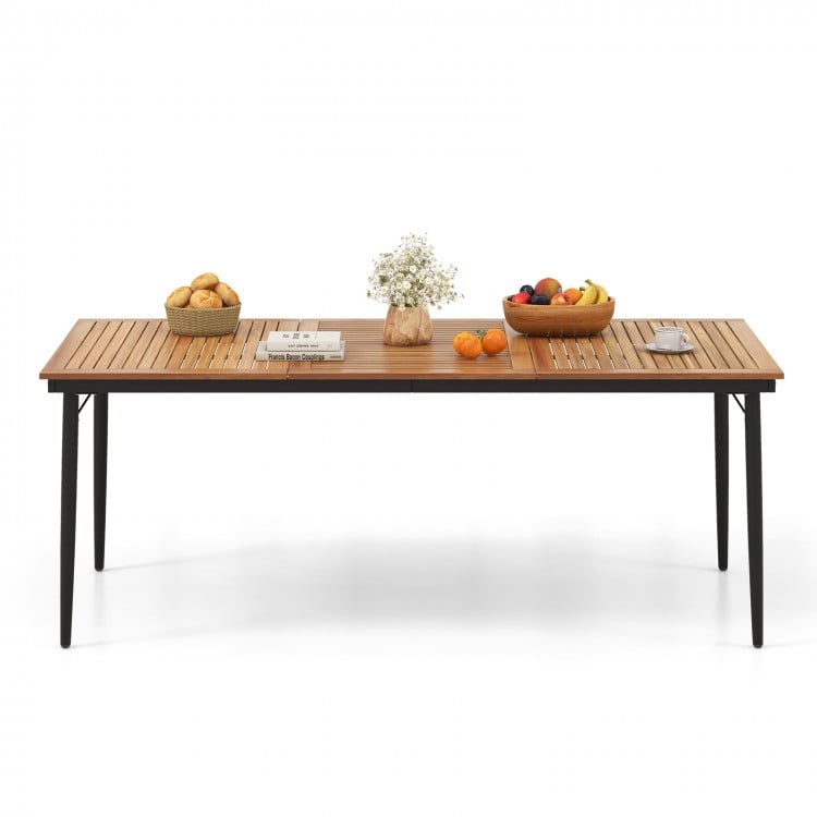 Acacia wood outdoor dining table for 8 with slatted top and umbrella hole, perfect for backyard gatherings.