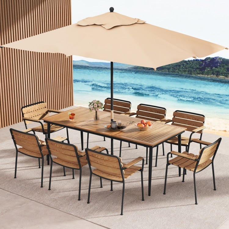 79-inch acacia wood outdoor dining table for 8 with umbrella hole, perfect for backyard gatherings and stable support.