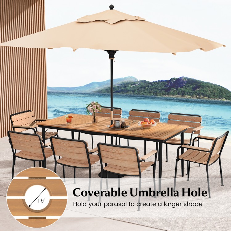 79-inch acacia wood outdoor dining table for 8 with a coverable 1.9-inch umbrella hole, perfect for backyard gatherings.