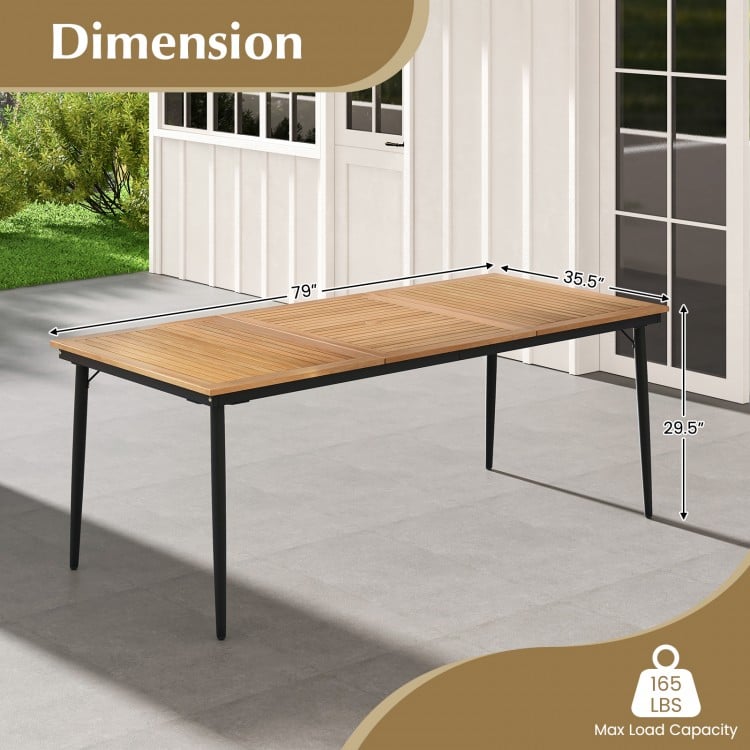 79-inch acacia wood outdoor dining table with slatted top and umbrella hole, perfect for 8-person gatherings.