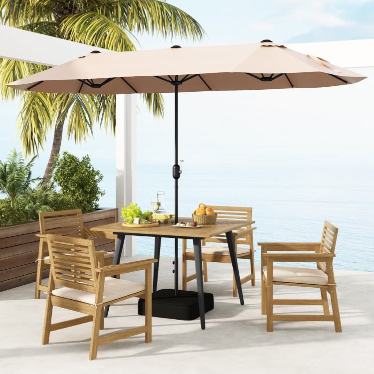 Acacia wood outdoor dining table for 4 with umbrella hole, perfect for garden or poolside dining.