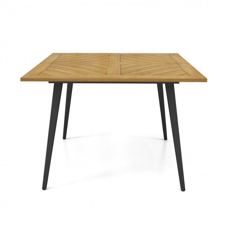 Square acacia wood outdoor dining table with metal legs, designed for 4 people, perfect for garden or poolside use.