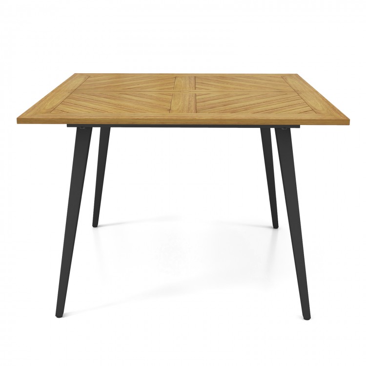 Square acacia wood outdoor dining table with metal legs, designed for 4 people, ideal for garden and poolside use.