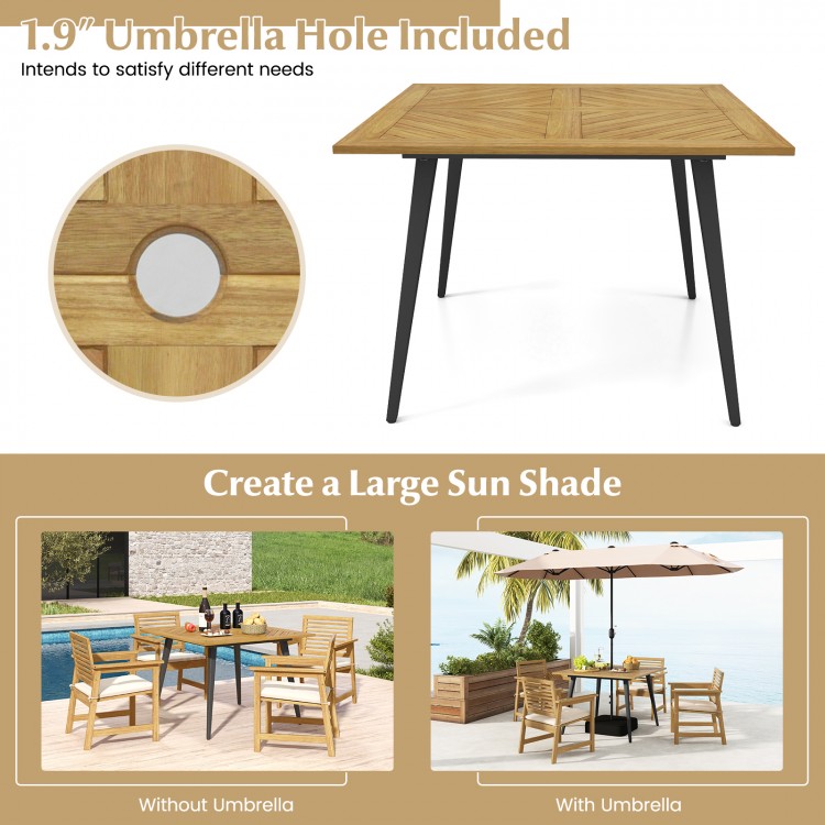 Acacia wood outdoor dining table with 1.9" umbrella hole, designed for 4 people, ideal for garden and poolside use.
