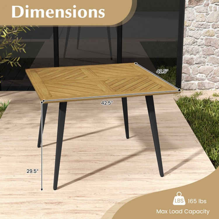 Square acacia wood outdoor dining table with metal legs, measuring 42.5" x 42.5", perfect for garden or poolside use.